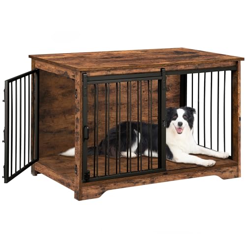 39.3" L Dog Crate Furniture Indoor Dog Kennel with Barn Door (Rustic Brown / 39.3"L x 23.6"W x 26.8"H)