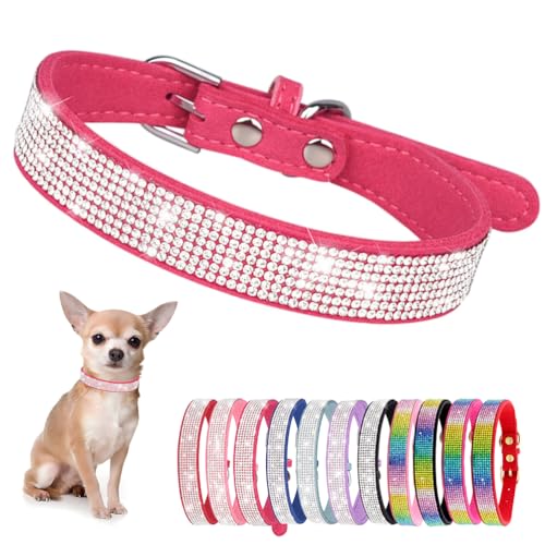 Bling Rhinestone Cat Collars Diamond Dog Collar for Small Dogs Hot Pink XXS (1Rose / XXS)