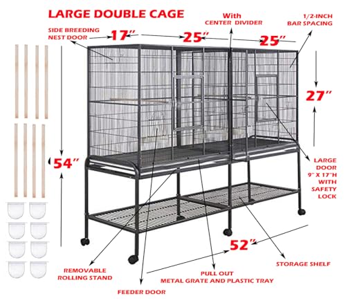 54" Large Double Breeding Flight Bird Wrought Iron Double Parrot Bird Cage Slide Out Center Divider Side Nesting Doors Cockatiel Conure Removalbe Rolling Stand (Black Vein / 51.0"L x 17.0"W x 54.0"H)