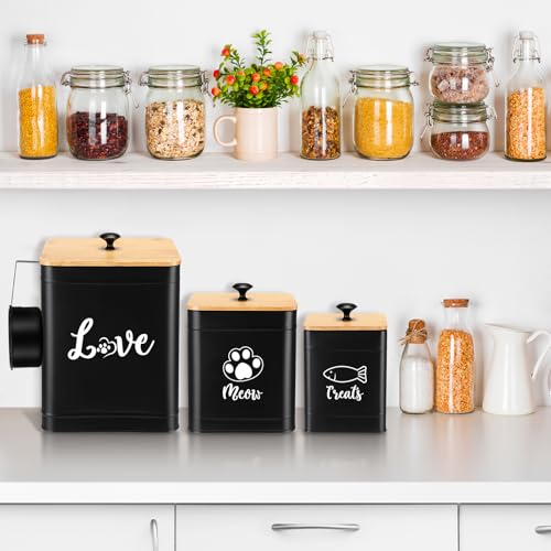 Metal Airtight Cat Food Containers Set of 3 with Bamboo Lids and Spoon 7+3+2 Lbs Cat Treat Storage Container Countertop with DIY Labels Pet Cookie Organizer Jars for Kitchen Counter (Black)