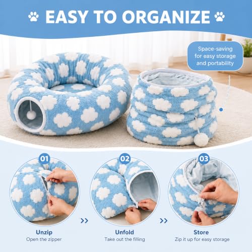 Cat Tunnel Bed with Washable Cushion for Indoor Cat (Blue)