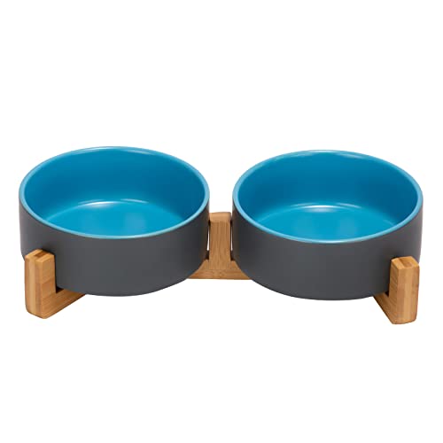 Ceramic Dog and Cat Bowl Set with Wooden Stand (1.7 cups / Blue-Grey × 2)
