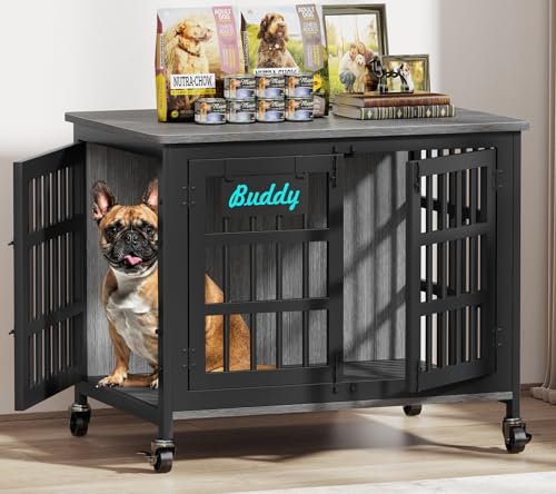 33" 27" Dog Crate Furniture with Name Tag (32.7"L x 22.8"W x 25.2"H / Dark Grey)