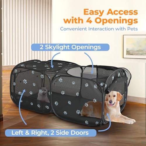 2-in-1 Dog Playpen 58''Pop Up Cat Pet Playpen, Assembly-Free Indoor Outdoor Kitten Enclosure, Breathable Cat Cage Portable Puppy Tent Crates,Spacious Kennel for Small Animals, No Confinement Feel(M) (Black Mesh / M, 58.3"L x 30"W x 24.1"H)