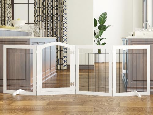 Freestanding Foldable Dog Gate Indoor with Door (White / 【4 Panels with Door】96"W x 30"H)