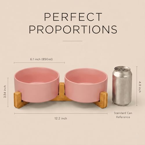 Ceramic Dog and Cat Bowl with Wood Stand Non (3.6 cups / Pink × 2)
