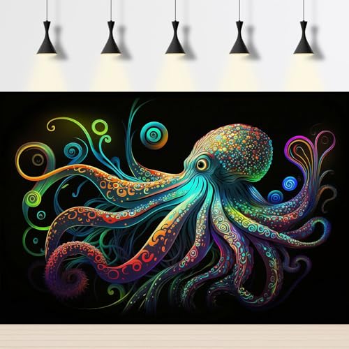 Octopus Aquarium Background Exquisite Colorful Octopus Terrarium Background Glowing Octopus on Black Background Fish Tank Backdrop Octopus Backdrops Poster Wallpaper Decorations Vinyl 48x18in (48(W)x18(H)in / Cartoon Green)
