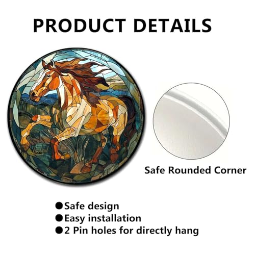 Metal Sign Tin Sign Circular Stained Glass American Mustang Garden Metal Sign for Gift 8×8 Inches (8×8 Inches / American Mustang-2)
