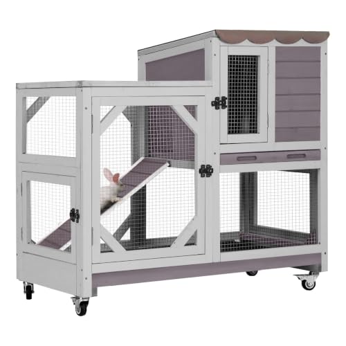 Rabbit Hutch Indoor Rabbit Cage with Wheels Outdoor Bunny House 2 Story Guinea Pig Cage with Leakproof Tarp Roof (Grey)