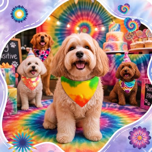 50 Pieces Tie Dye Dog Bandanas Bulk Colorful Hippie Pattern Dog Bandanas for Dogs Triangle Kerchief Scarf Bibs Set for Pets Summer Party Costume Accessories (Tie Dye / 19.7 x 13.8 x 13.8'')