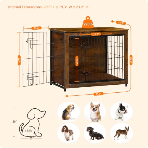 32.5" Dog Crate Furniture with Cushion (Rustic Brown / 32.5"L x 21.9"W x 25.6"H)