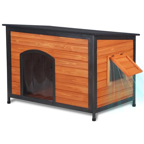 Outdoor Wooden Dog House Weatherproof Chew Resistant Metal Frame 43.3 Inch (43.3"Length)