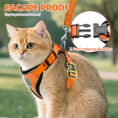Cat Harness and Leash Set Escape Proof Reflective Cat Walking Harness Adjustable Soft Breathable Mesh Vest for Small Pets (M (NECK 11"-13.7", CHEST 16"-20") / Orange)