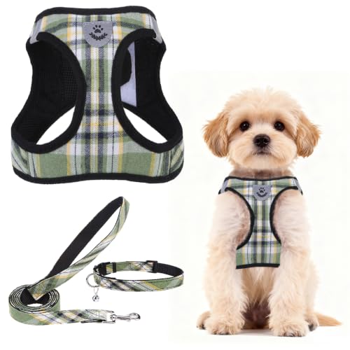 Dog Harness Collar and Leash Set No Pull for Small Medium Sized (Yellow Green / S (CHEST 14.5"-16"))