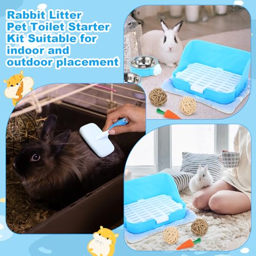 15 Pcs Rabbit Starter Kit Small Rabbit Litter Box Girls Gift Animal Grooming Kit Bunny Toys Bowl Blankets with Cleaning Set for Guinea Pig Accessories (Light Blue)
