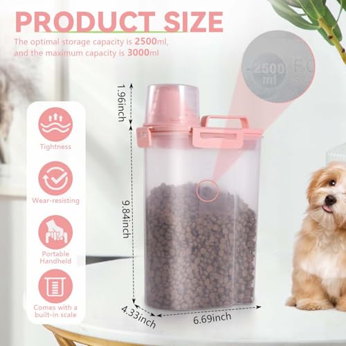 Pet Food Storage Container Bin 2.5 lb Portable BPA Free Cat Dog Food Storage Container Dispenser with Measuring Cup and Seal Buckle for Small Animal Kibble Bird Seed Oatmeal Rice Flour (pink)