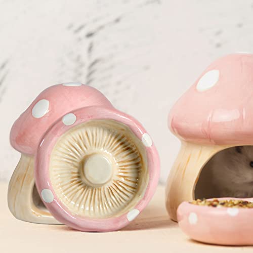 Ceramic Mushroom Hamster Hideout with Food Bowl (Pink)