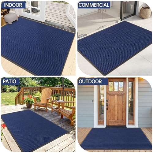 Front Door Mat Outside Entrance (Blue Striped / 3' x 4' (Rectangular))