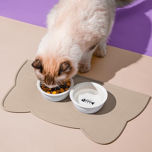Cat Food Mat Silicone Non Slip Dog Bowl Mat Waterproof Cat Feeding Mat Stop Food Spills and Water Messes Out to Floor Pet Food Mat (Warm Taupe / 20" x 12")