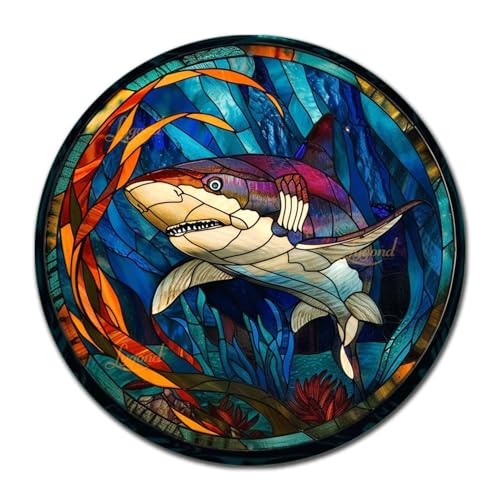 Metal Sign Tin Sign Circular Stained Glass Shark2 Tin Sign Paper for Pub 8×8 Inches (8×8 Inches / Shark-3)