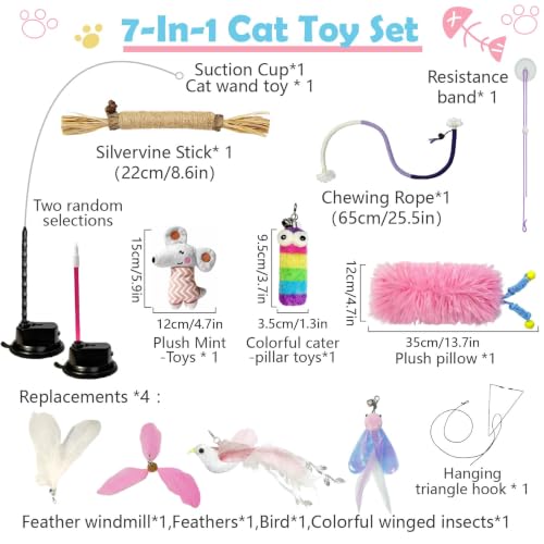 7-in-1 Kitten Toys for Indoor Cats with Washable Adhesive Suction Cup, Hanging Interactive Cat Toys, Silvervine Stick and Sisal Chew Rope Catnip Teething Toy for Bored Kitten (Pink) (Pink)