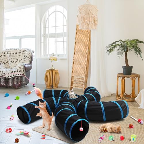 21 Pcs Cat Tunnel for Indoor Set Collapsible 5 Way Tubes with 20 Pcs Cat Kitten Toys Interactive Feather Toy Mouse Crinkle Balls Tube for Puppy Kitten Rabbit (Blue Black)