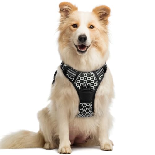 Dog Harness No Pull for Large Dogs with 2 Leash Clips (Medium / Black Grid)