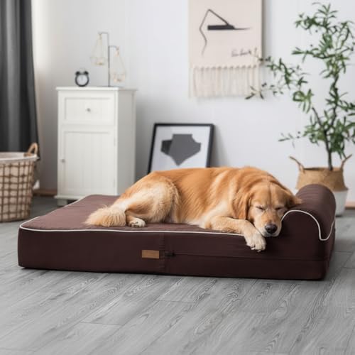 Orthopedic Memory Foam Dog Bed 7" Inch Thick Extra Large Dog Bed With Pillow Brown 50"x34"x10" Includes Waterproof Liner & Durable Removable Cover With Smart Design (Brown / XL - 50"x34"x10")