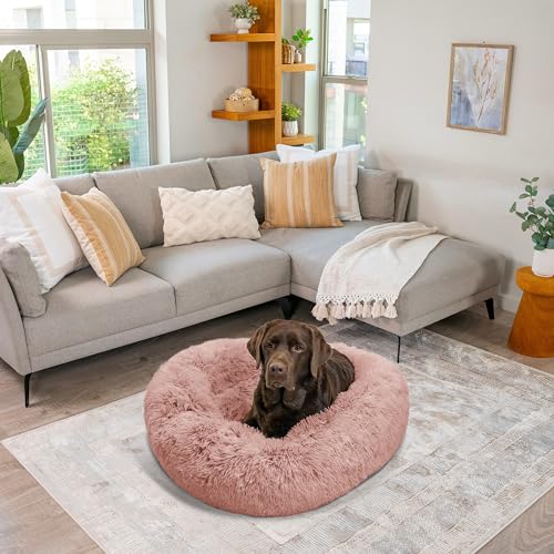 The Original Calming Donut Dog Bed for Large Dogs up to 100 lbs (Dusty Rose Shag / Large)