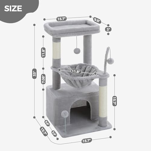 4-in-1 Cat Activity Tree for Kittens & Small Cats, 33in Grey Tower (Grey / L(15.8"L x 15.8"W x 33"H))