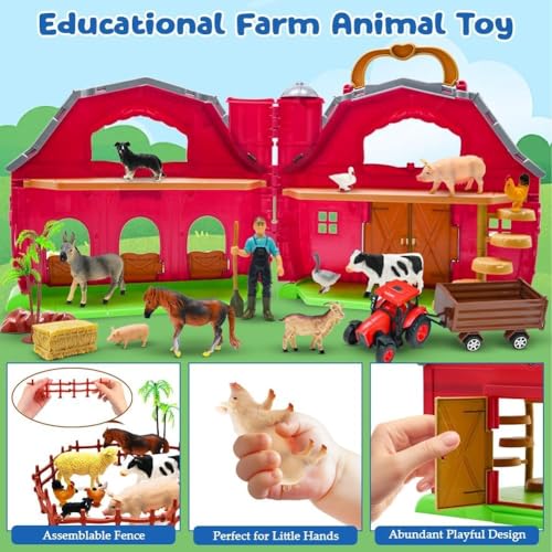 Farm Animals Big Red Barn Toy with Tractors Fence for Toddlers 1 (Farm Barn Playset)