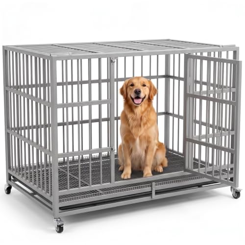 48 Inch Heavy Duty Dog Crate Cage with Wheels (Silver)