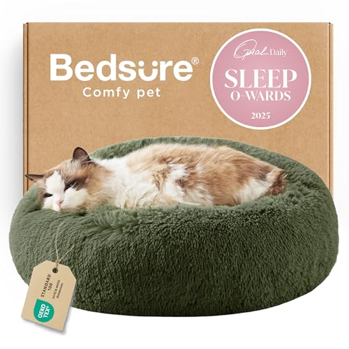 Calming Cat Beds Donut Round Washable Kitten Bed (20"L x 20"W x 6"Th / Rifle Green)