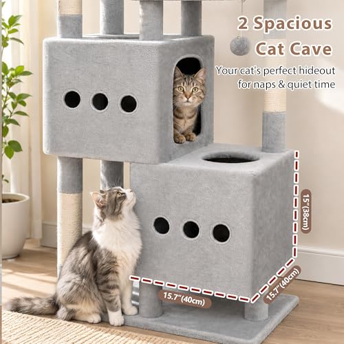 Cat Tree Sturdy Cat Tower with 2 Spacious Cat Condos GCT029W (60 inches / Light Gray)