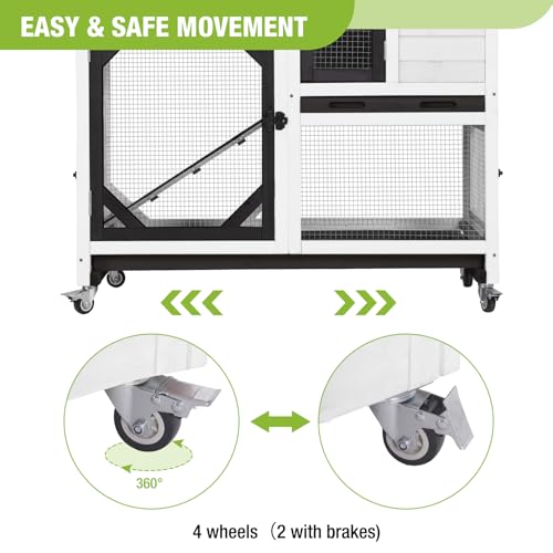 Rabbit Hutch Indoor Outdoor 2 Story Bunny House on Wheels Wood Rabbit Cage with 2 Pull Out Trays Guinea Pig Cage