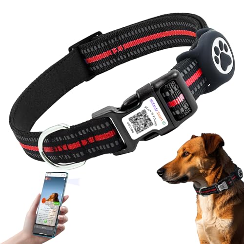 Dog Collar with Tracker Holder and QR Code ID (Red / L (16-26"))