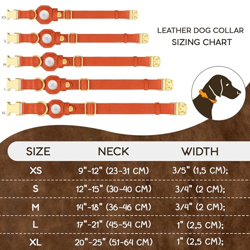 Leather Airtag Dog Collar (Orange / M, 14"-18" Neck Fit)