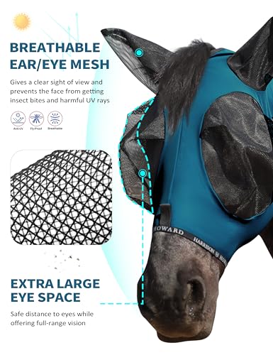 Horse Fly Mask with Forelock Opening Stretch Breathable and Comfortable for Horses UV (Peacock Blue / M)