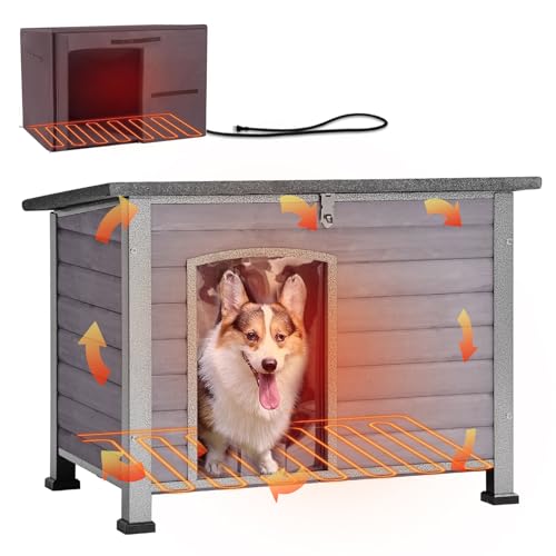 Heated Dog House Outdoor 35.5" Large Dog Kennel with Metal Frame Insulated Dog Crate Cage for Small to Medium Dogs Outside with Heater and Insulated Liner