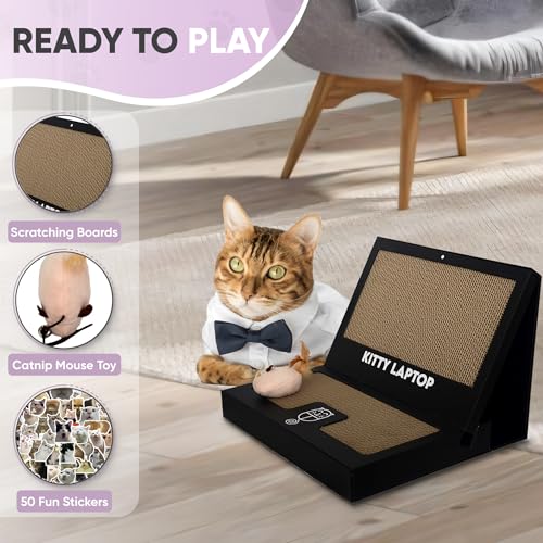 Toy Cat Laptop with 2 Scratchboards + Catnip Mouse Toy for Cats + 50pack Cat Sticker