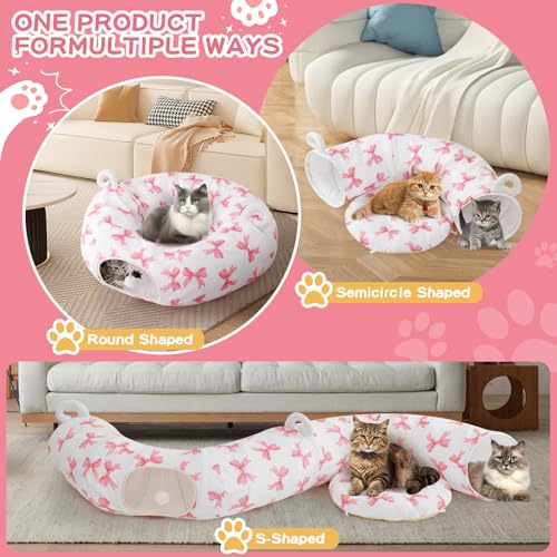 Cat Tunnel with Cat Bed for Indoor Cats (Pink)