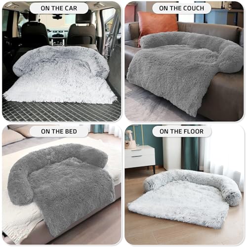 Calming Dog Bed Fluffy Plush Dog Mat for Furniture Protector with Removable Washable Cover for Large Medium Small Dogs and Cats (Grey / 41.0"L x 37.0"W x 6.0"Th)