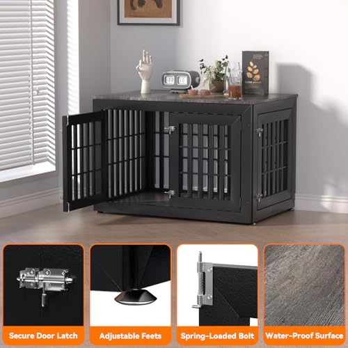 42" Heavy Duty Dog Crate Furniture for Large (42.1"L x 28.7"W x 28.5"H / Black+Grey)