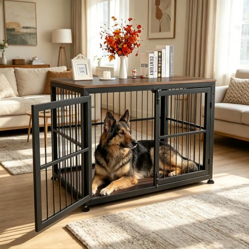 48" Rustic Heavy Duty Dog Crate Furniture for Extra Large Dogs (Black + Rustic Brown / 48.0"L x 30.1"W x 33.9"H)