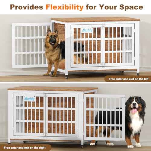 46"/43"/32" XXL Heavy Duty Dog Crate Furniture with Casters (46.1"L x 28.7"W x 31.9"H / White & Beech)