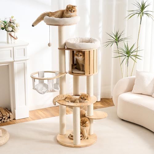 Wood Modern Cat Tree (62 Inch-Turntable-White)