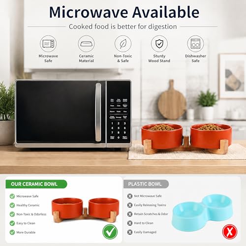 Dog Bowls Ceramic Cat Dog Bowl Set with Wood Stand for Food and Water (Rust Red / 400ML*2)