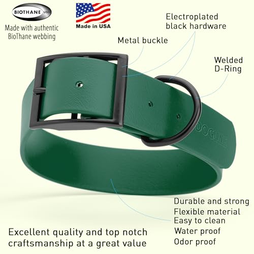 Biothane Waterproof Dog Collar Strong Coated Nylon Webbing with Black Hardware Odor (W1.5" x L24"-28" / Hunter Green)