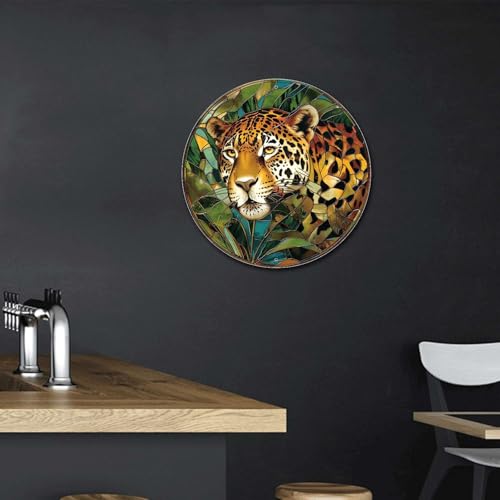Metal Sign Tin Sign Circular Stained Glass Jaguar Minimalist Wall Art for Garage 12×12 Inches (12×12 Inches / Jaguar-3)