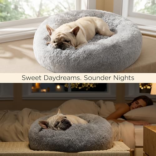 Calming Dog Bed Medium Size Dog Donut Washable Pet Bed (30"L x 30"W x 8"Th / Pale Grey)